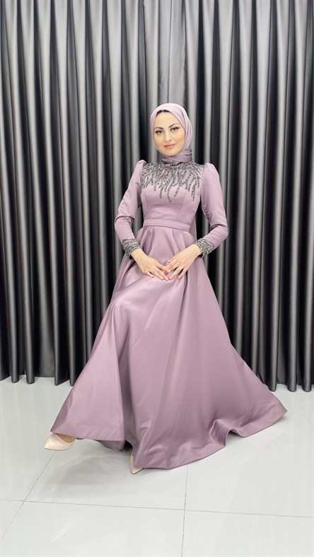 4454 H – Taş İşleme Detaylı Saten Kumaş Abiye-Lila