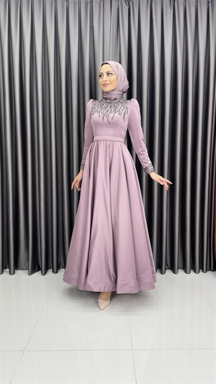 4454 H – Taş İşleme Detaylı Saten Kumaş Abiye-Lila