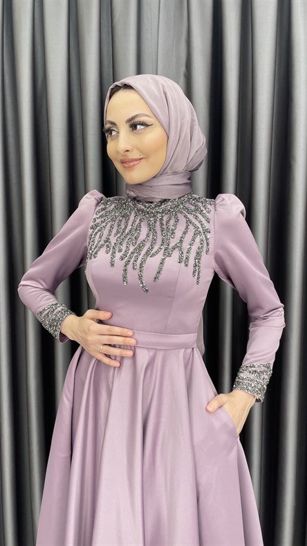 4454 H – Taş İşleme Detaylı Saten Kumaş Abiye-Lila