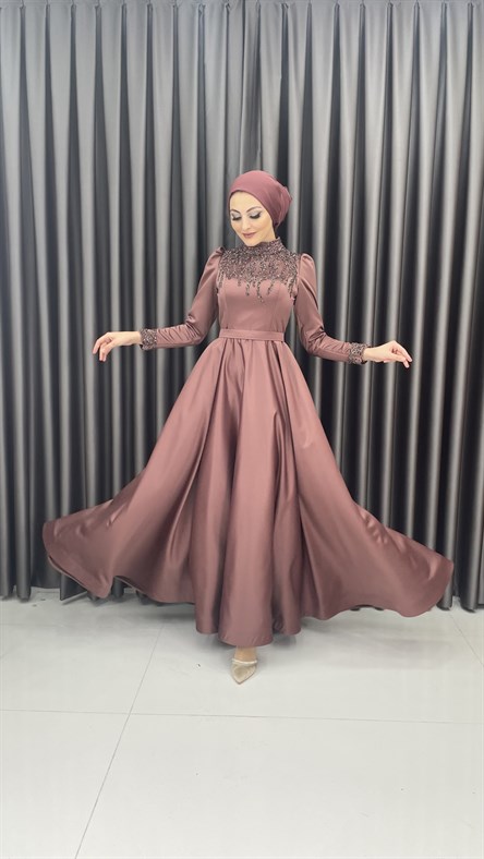 4454 H – Taş İşleme Detaylı Saten Kumaş Abiye-Marsala