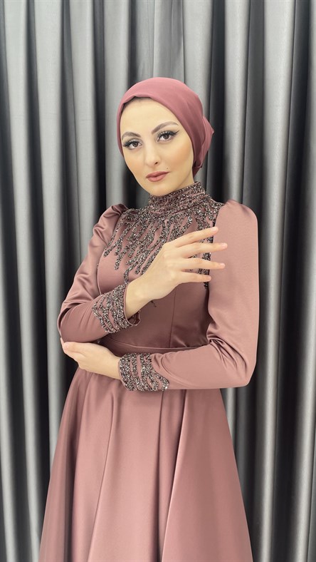 4454 H – Taş İşleme Detaylı Saten Kumaş Abiye-Marsala