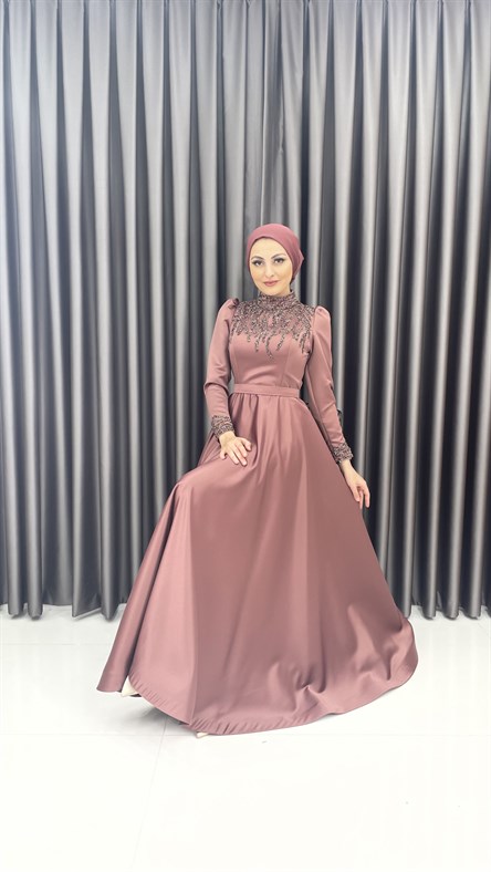 4454 H – Taş İşleme Detaylı Saten Kumaş Abiye-Marsala