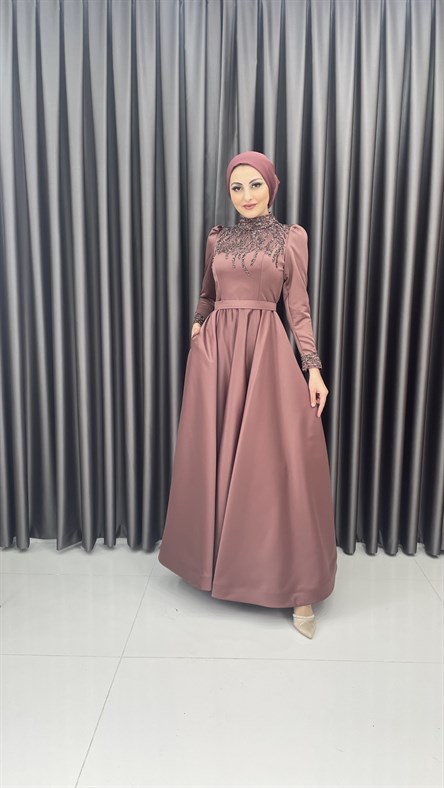 4454 H – Taş İşleme Detaylı Saten Kumaş Abiye-Marsala