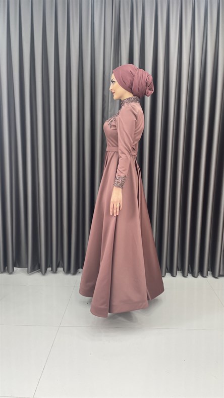 4454 H – Taş İşleme Detaylı Saten Kumaş Abiye-Marsala