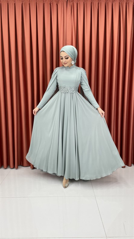 448 G - Pelerin Kol Detaylı Taşlı Şifon Abiye Elbise-Mint