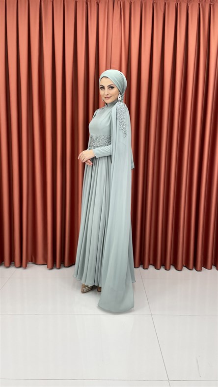 448 G - Pelerin Kol Detaylı Taşlı Şifon Abiye Elbise-Mint