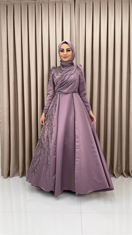 4498 H – İşleme Detaylı Saten Abiye-Lila