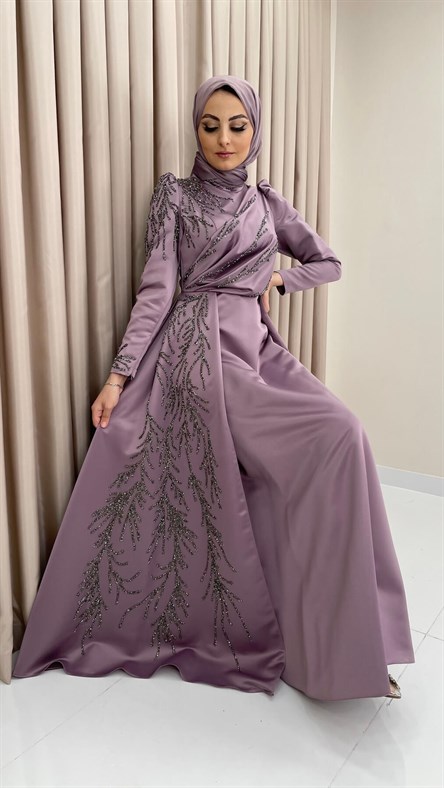 4498 H – İşleme Detaylı Saten Abiye-Lila