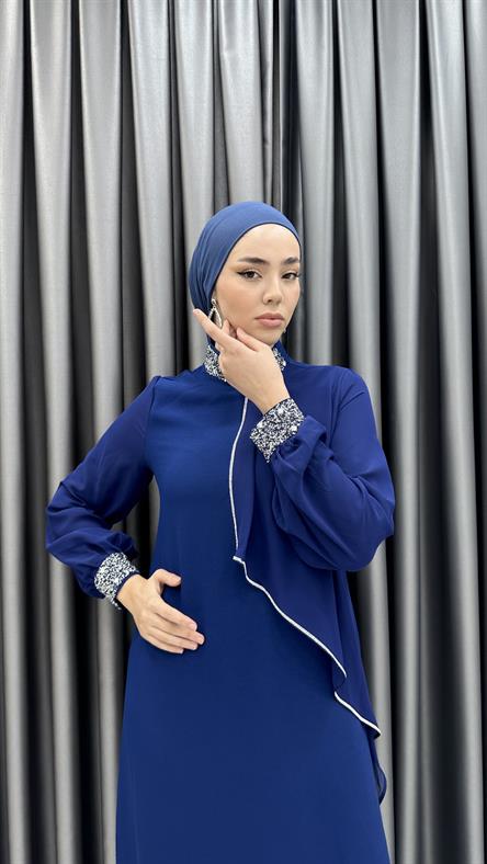 4510 T - Taş İşlemeli Rahat Kesim Krep Kumaş Abiye Elbise-İndigo Mavi