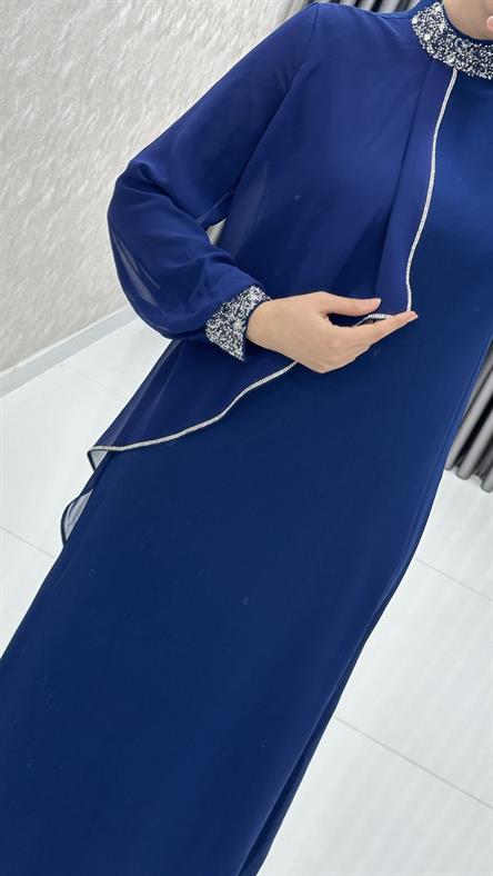 4510 T - Taş İşlemeli Rahat Kesim Krep Kumaş Abiye Elbise-İndigo Mavi