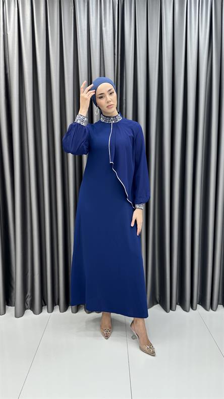 4510 T - Taş İşlemeli Rahat Kesim Krep Kumaş Abiye Elbise-İndigo Mavi