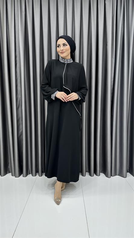 4510 T - Taş İşlemeli Rahat Kesim Krep Kumaş Abiye Elbise-Siyah