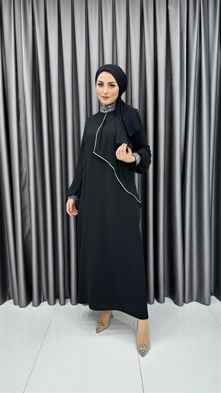 4510 T - Taş İşlemeli Rahat Kesim Krep Kumaş Abiye Elbise-Siyah