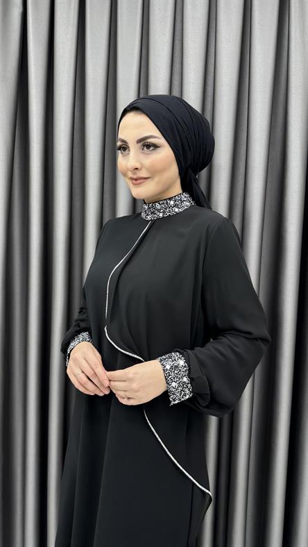 4510 T - Taş İşlemeli Rahat Kesim Krep Kumaş Abiye Elbise-Siyah