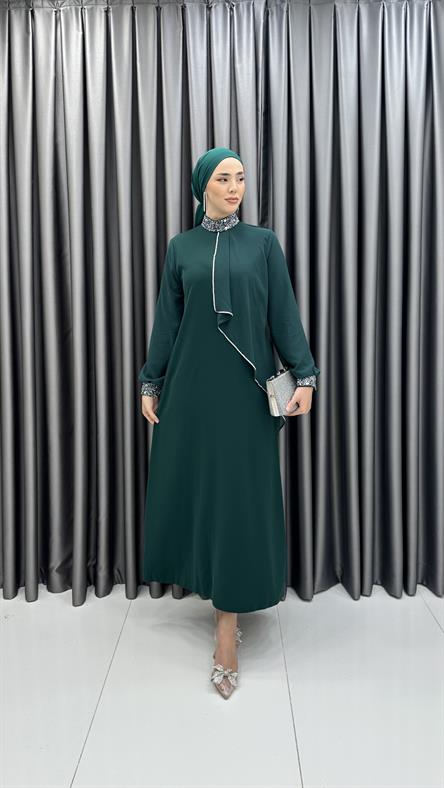 4510 T - Taş İşlemeli Rahat Kesim Krep Kumaş Abiye Elbise-Zümrüt