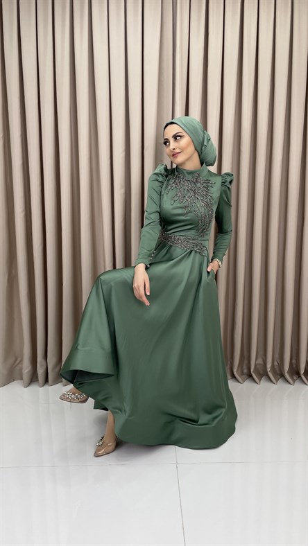 4519 H – Taş İşleme Detaylı Saten Kumaş Abiye-Çağla