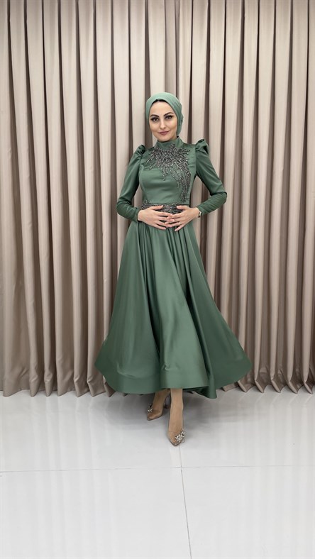 4519 H – Taş İşleme Detaylı Saten Kumaş Abiye-Çağla