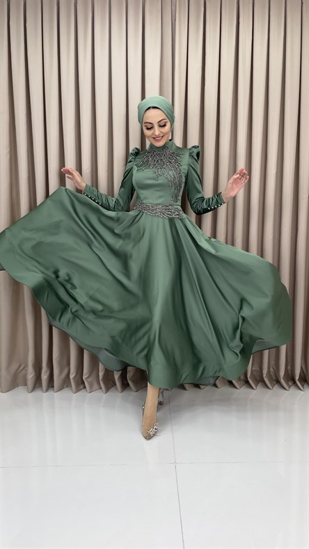 4519 H – Taş İşleme Detaylı Saten Kumaş Abiye-Çağla