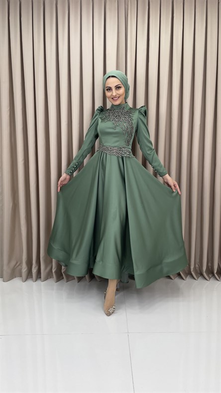 4519 H – Taş İşleme Detaylı Saten Kumaş Abiye-Çağla