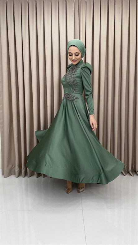 4519 H – Taş İşleme Detaylı Saten Kumaş Abiye-Çağla