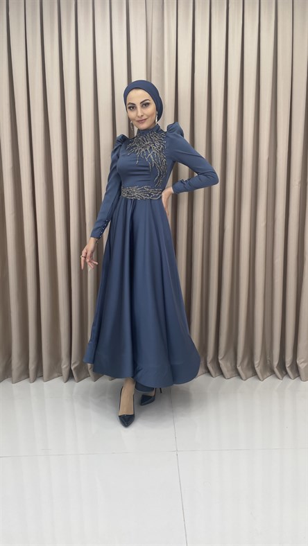 4519 H – Taş İşleme Detaylı Saten Kumaş Abiye-İndigo Mavi