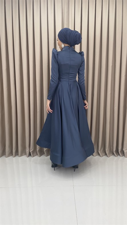 4519 H – Taş İşleme Detaylı Saten Kumaş Abiye-İndigo Mavi