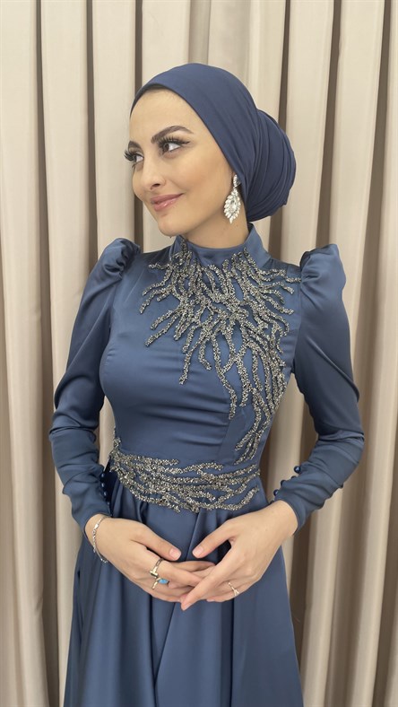 4519 H – Taş İşleme Detaylı Saten Kumaş Abiye-İndigo Mavi