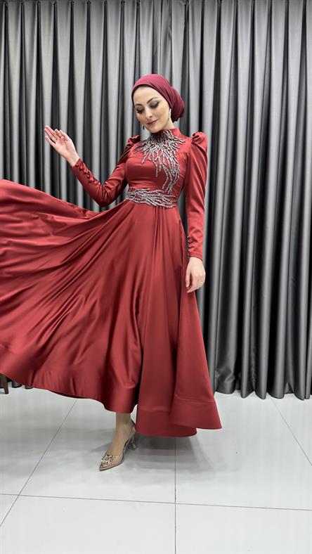 4519 H – Taş İşleme Detaylı Saten Kumaş Abiye-Bordo