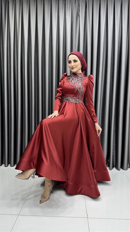 4519 H – Taş İşleme Detaylı Saten Kumaş Abiye-Bordo