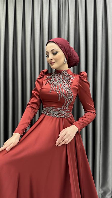 4519 H – Taş İşleme Detaylı Saten Kumaş Abiye-Bordo