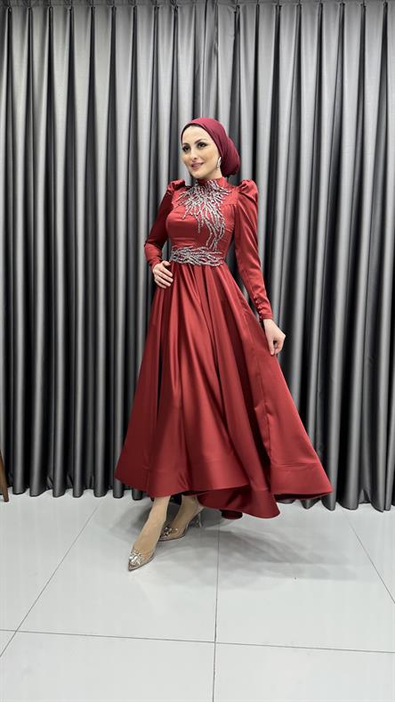 4519 H – Taş İşleme Detaylı Saten Kumaş Abiye-Bordo
