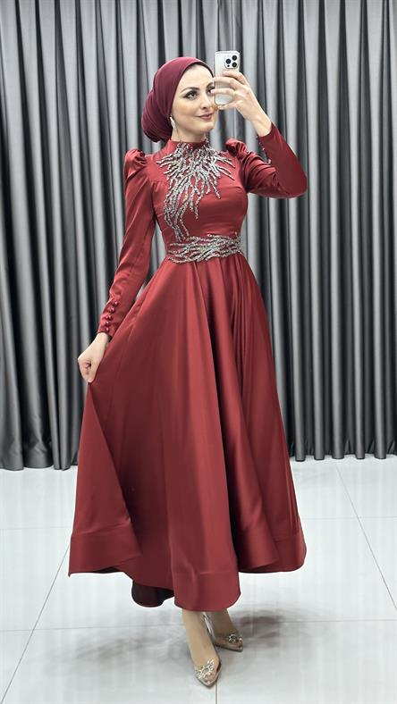 4519 H – Taş İşleme Detaylı Saten Kumaş Abiye-Bordo