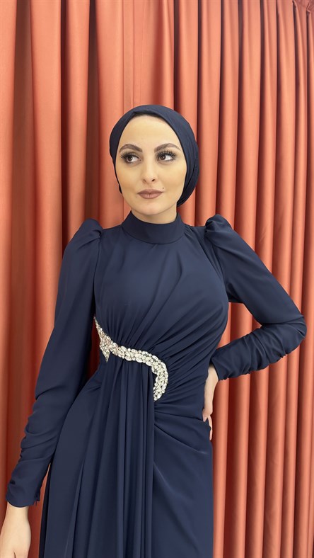 4542 H - Taşlı Bel Detaylı Mat Saten Abiye Elbise-Lacivert
