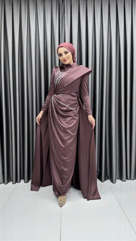 4574 H - Işıltılı Motif Detaylı Tek Kenardan Birleşen Görünümlü Saten Abiye Elbise-Marsala