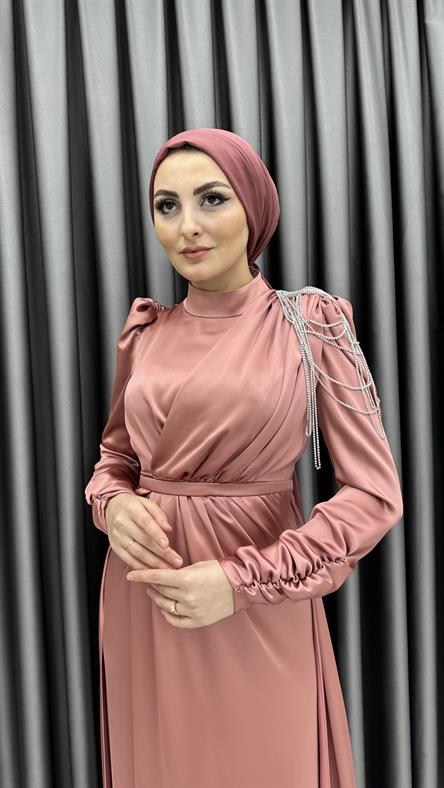 4576 H - Tek Omuzdan Boncuk Sallantılı Saten Abiye Elbise-Gül Rengi