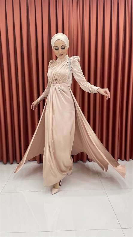 4576 H - Tek Omuzdan Boncuk Sallantılı Saten Abiye Elbise-Krem