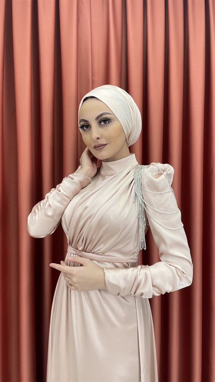 4576 H - Tek Omuzdan Boncuk Sallantılı Saten Abiye Elbise-Krem