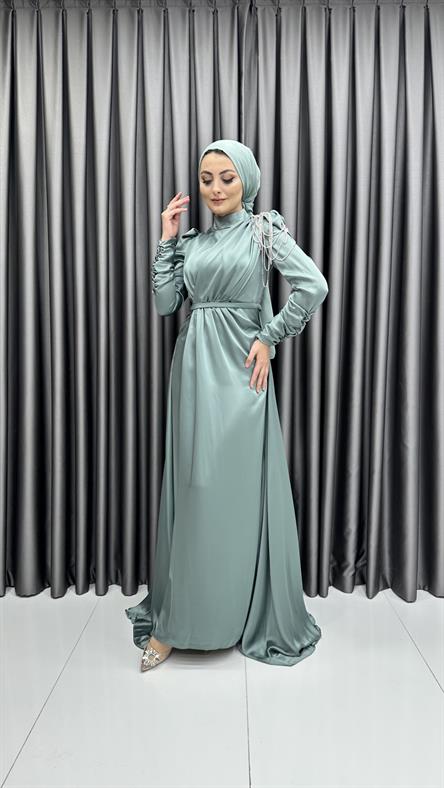 4576 H - Tek Omuzdan Boncuk Sallantılı Saten Abiye Elbise-Mint