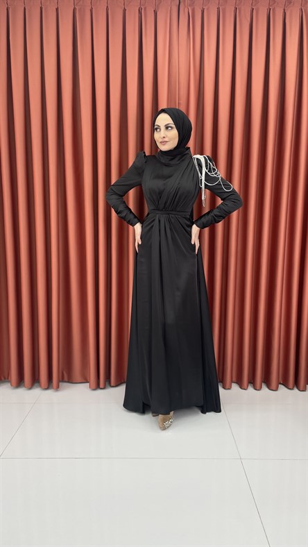 4576 H - Tek Omuzdan Boncuk Sallantılı Saten Abiye Elbise-Siyah