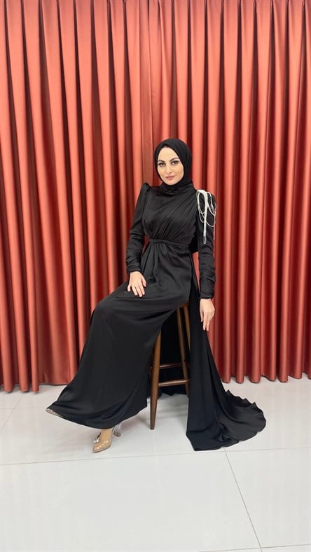 4576 H - Tek Omuzdan Boncuk Sallantılı Saten Abiye Elbise-Siyah