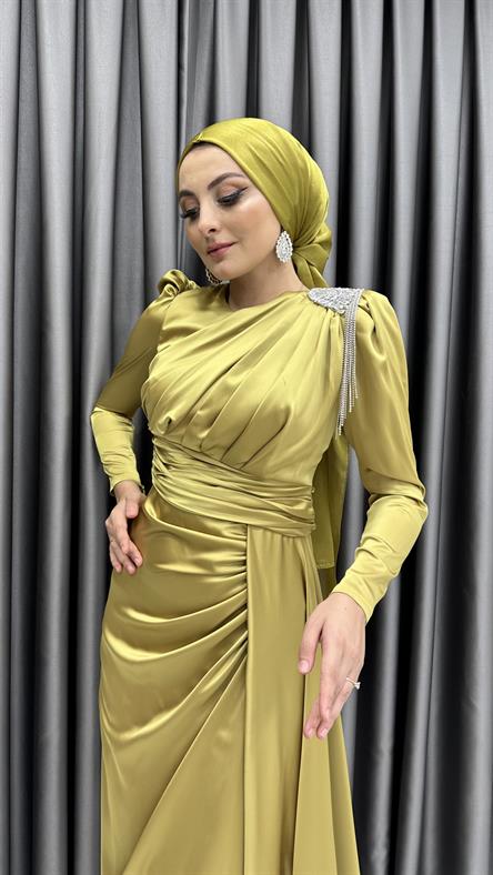 4579 H Abiye Elbise-Yağ Yeşili