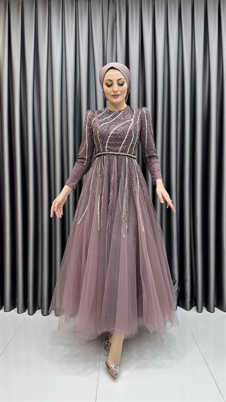 4581 H - Işıltılı Saçak Detaylı Taşlı Tül Abiye Elbise-Gül Rengi