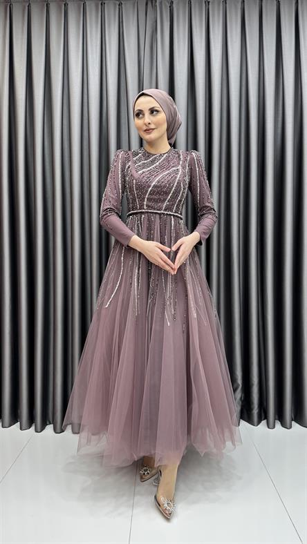 4581 H - Işıltılı Saçak Detaylı Taşlı Tül Abiye Elbise-Gül Rengi