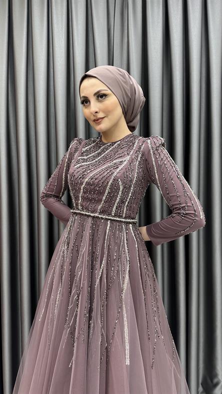 4581 H - Işıltılı Saçak Detaylı Taşlı Tül Abiye Elbise-Gül Rengi