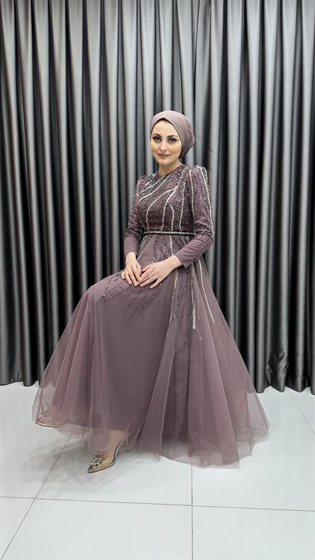 4581 H - Işıltılı Saçak Detaylı Taşlı Tül Abiye Elbise-Gül Rengi