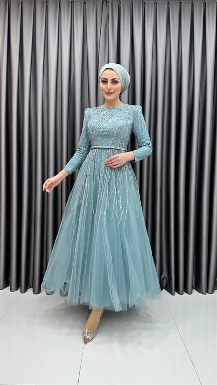 4581 H - Işıltılı Saçak Detaylı Taşlı Tül Abiye Elbise-Mint