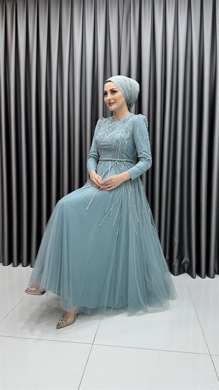 4581 H - Işıltılı Saçak Detaylı Taşlı Tül Abiye Elbise-Mint