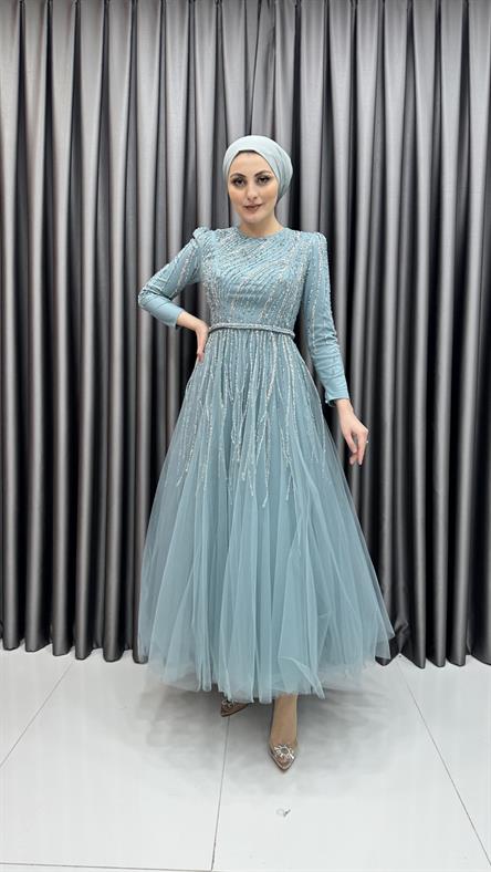 4581 H - Işıltılı Saçak Detaylı Taşlı Tül Abiye Elbise-Mint