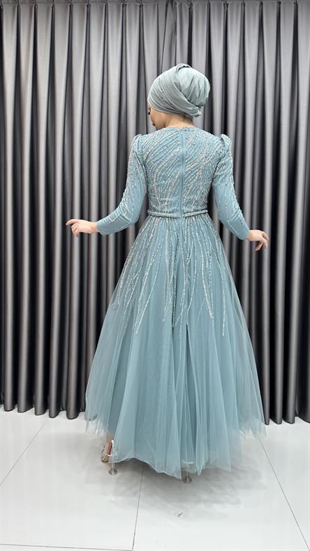 4581 H - Işıltılı Saçak Detaylı Taşlı Tül Abiye Elbise-Mint