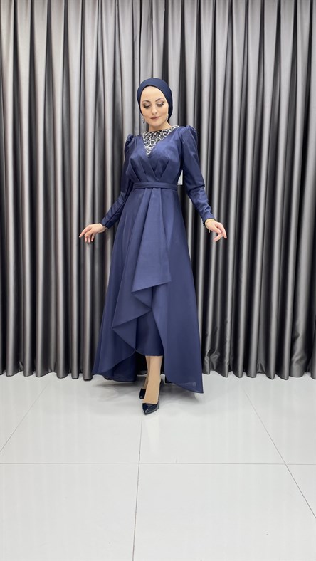 4585 H - V Yaka Detaylı Pile Görünümlü Tafta Abiye Elbise-Lacivert